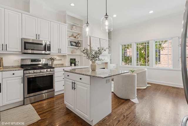 1401 N Wieland St Unit P, Chicago, IL 60610 - kitchen featuring stainless steel appliances, open shelves, ornamental molding, white cabinetry, and dark wood-style floors