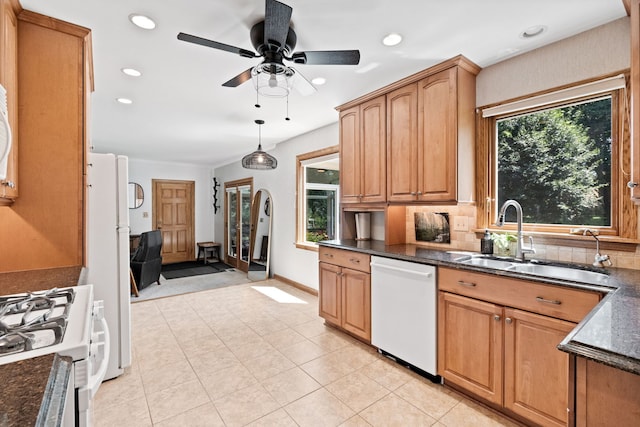674 Carriage Dr, Batavia, IL 60510 - kitchen featuring white appliances, decorative backsplash, recessed lighting, ceiling fan, and light tile patterned floors