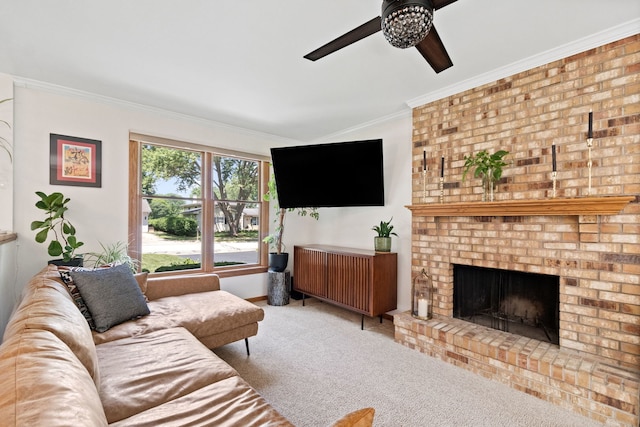 674 Carriage Dr, Batavia, IL 60510 - carpeted living room with ceiling fan, crown molding, and a brick fireplace