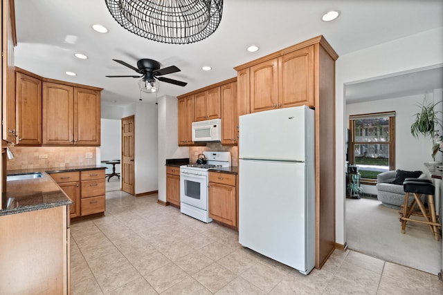 674 Carriage Dr, Batavia, IL 60510 - kitchen featuring white appliances, recessed lighting, backsplash, light tile patterned floors, and a ceiling fan