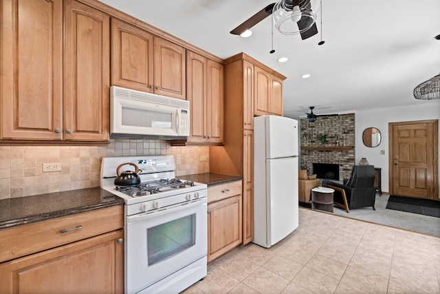 674 Carriage Dr, Batavia, IL 60510 - kitchen with white appliances, ceiling fan, open floor plan, backsplash, and a fireplace