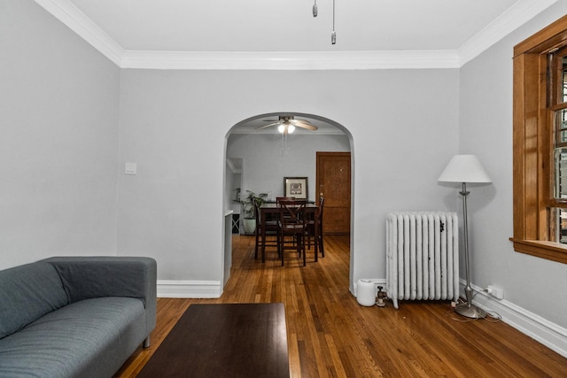 510 Madison St Unit 3S, Oak Park, IL 60302 - living room with radiator heating unit, arched walkways, crown molding, wood finished floors, and ceiling fan