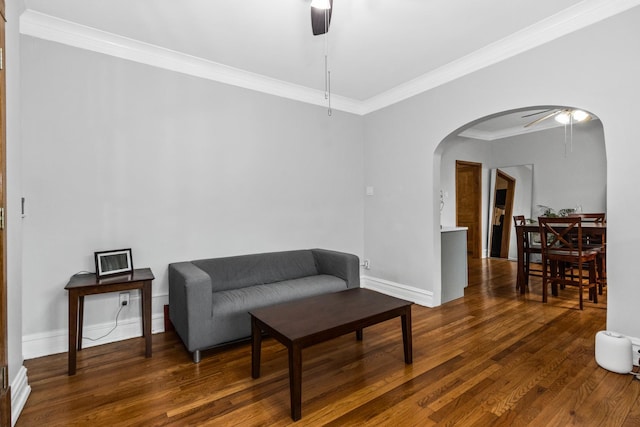 510 Madison St Unit 3S, Oak Park, IL 60302 - living area with ceiling fan, crown molding, arched walkways, and wood finished floors