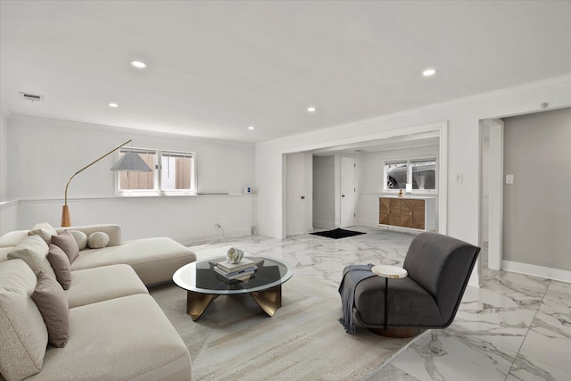 5809 W 90th Pl, Oak Lawn, IL 60453 - living area with marble finish flooring, recessed lighting, and ornamental molding