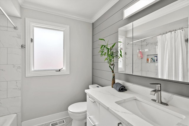 5809 W 90th Pl, Oak Lawn, IL 60453 - bathroom featuring vanity, ornamental molding, shower / bathtub combination with curtain, and marble look tiles