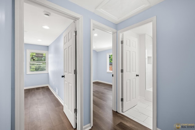 9509 S Merrion Ave, Chicago, IL 60617 - hallway with dark wood-style flooring and attic access