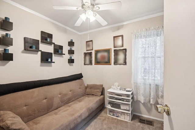 4842 S Wallace St, Chicago, IL 60609 - carpeted living area with a ceiling fan and crown molding