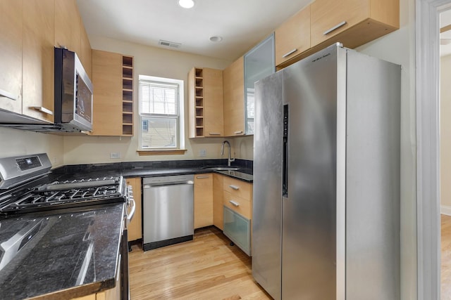 3415 W Berteau Ave Unit 1, Chicago, IL 60618 - kitchen with appliances with stainless steel finishes, open shelves, light wood-type flooring, light brown cabinets, and recessed lighting