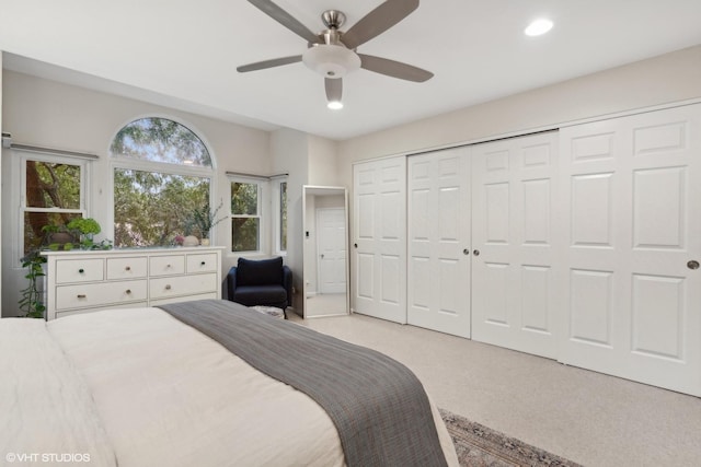 1212 W School St, Chicago, IL 60657 - bedroom featuring light carpet, recessed lighting, a closet, and ceiling fan