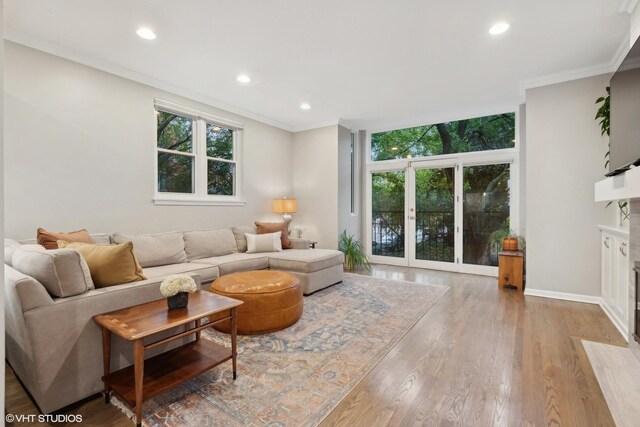 1212 W School St, Chicago, IL 60657 - living area with recessed lighting, crown molding, wood finished floors, and a premium fireplace
