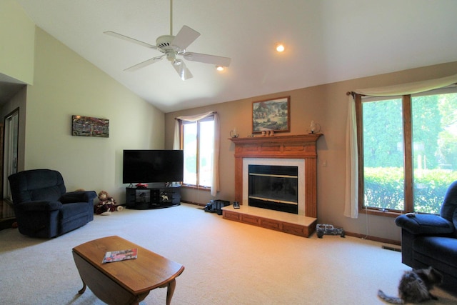 396 W 8th St, Manteno, IL 60950 - carpeted living room with a premium fireplace, ceiling fan, recessed lighting, and high vaulted ceiling