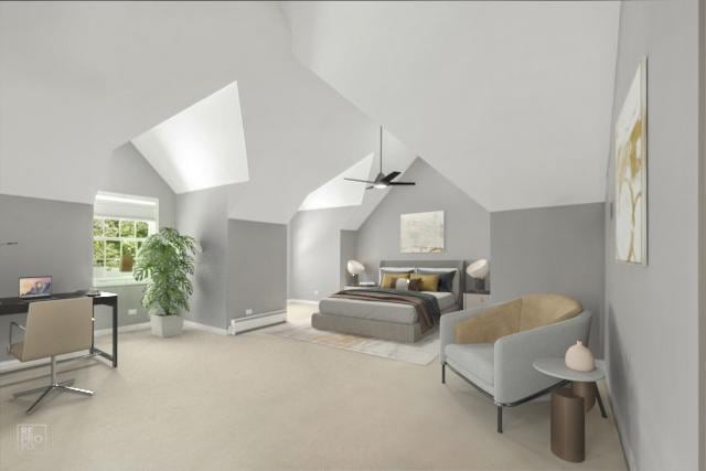 100 Homestead Dr, Wood Dale, IL 60191 - bedroom with lofted ceiling, carpet flooring, ceiling fan, and a baseboard radiator