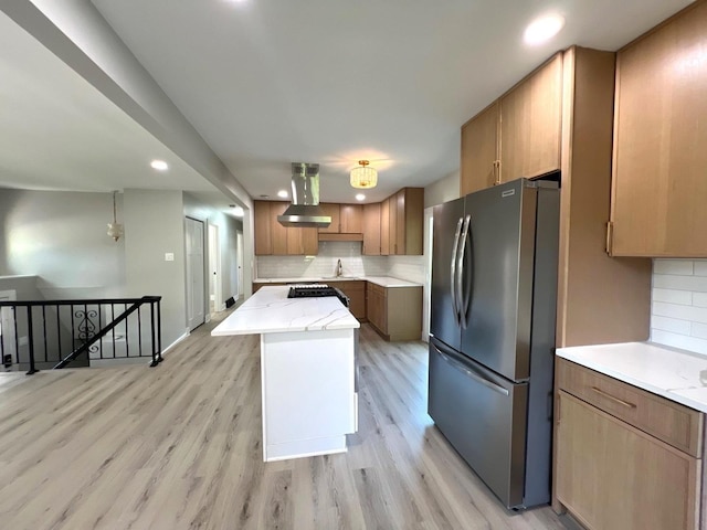 1813 218th Pl, Sauk Village, IL 60411 - kitchen with freestanding refrigerator, tasteful backsplash, a kitchen island, island range hood, and light wood-style flooring