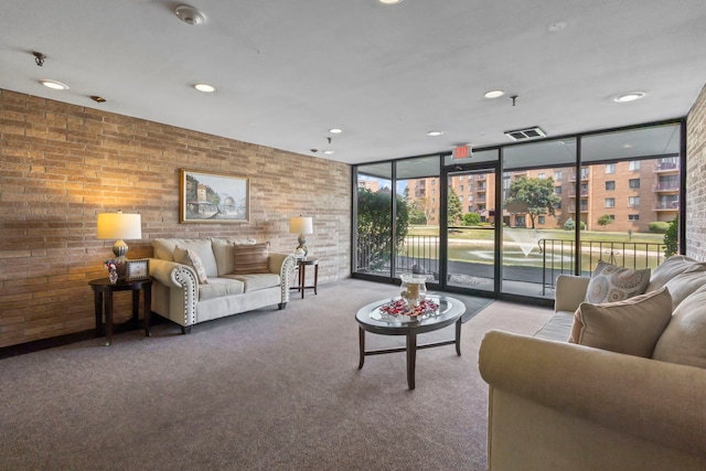 1777 W Crystal Ln Unit 711, Mount Prospect, IL 60056 - living area featuring expansive windows, carpet, brick wall, and recessed lighting
