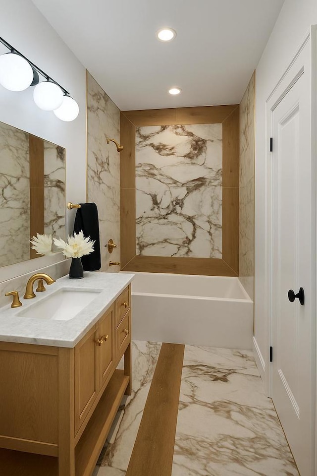 230 N Oak Park Ave Unit 1K, Oak Park, IL 60302 - bathroom with vanity, bathing tub / shower combination, recessed lighting, and marble finish floors