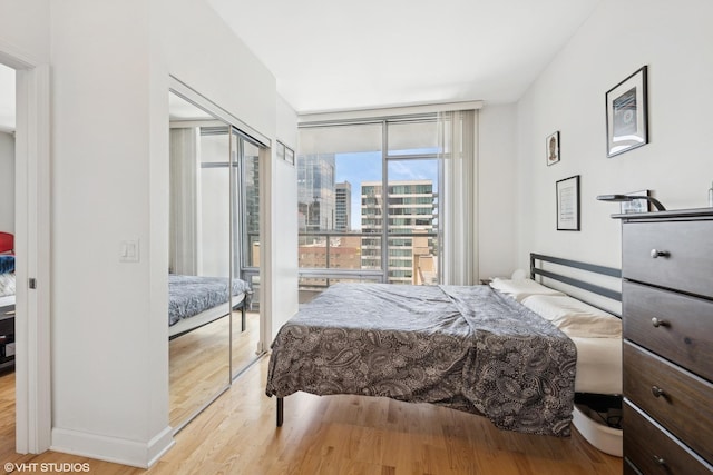 100 E 14th St Unit 1108, Chicago, IL 60605 - bedroom featuring wood finished floors, a closet, expansive windows, and a view of city
