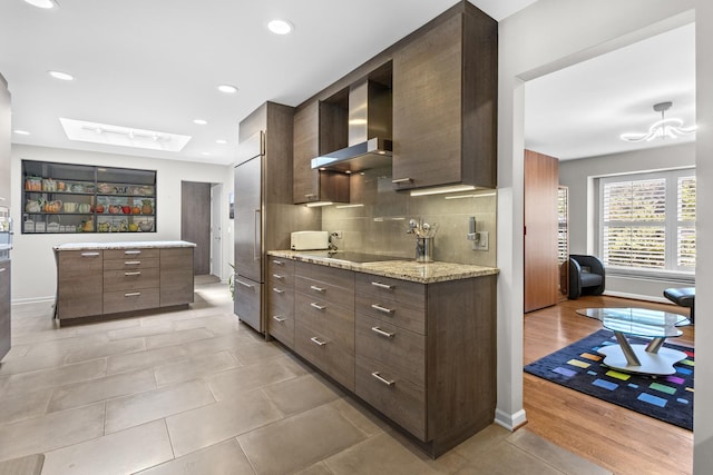 4049 Michelline Ln, Northbrook, IL 60062 - kitchen with wall chimney exhaust hood, dark brown cabinets, decorative backsplash, modern cabinets, and recessed lighting
