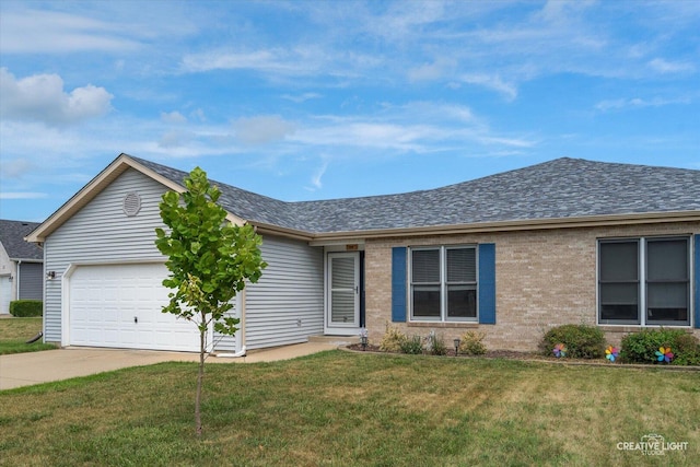 906 Whitetail Ln, Sandwich, IL 60548 - single story home with a garage, concrete driveway, a front lawn, a shingled roof, and brick siding