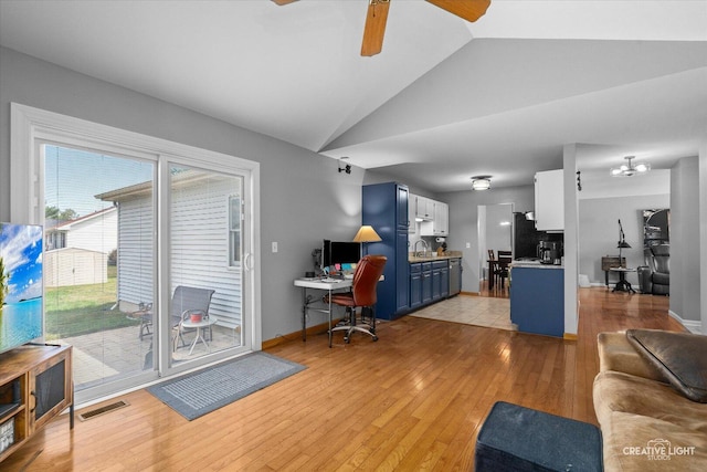 906 Whitetail Ln, Sandwich, IL 60548 - office area featuring vaulted ceiling, light wood-type flooring, and a ceiling fan
