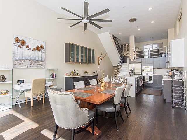 2036 W Huron St, Chicago, IL 60612 - dining area with ceiling fan, dark wood finished floors, stairs, and recessed lighting