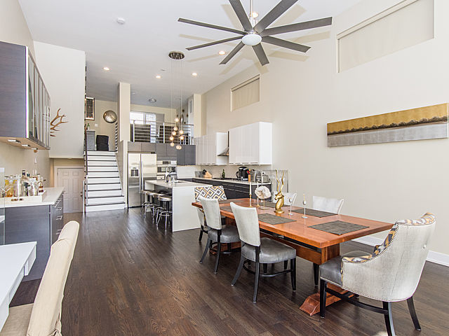 2036 W Huron St, Chicago, IL 60612 - dining room featuring a ceiling fan, dark wood-style floors, stairway, recessed lighting, and a high ceiling
