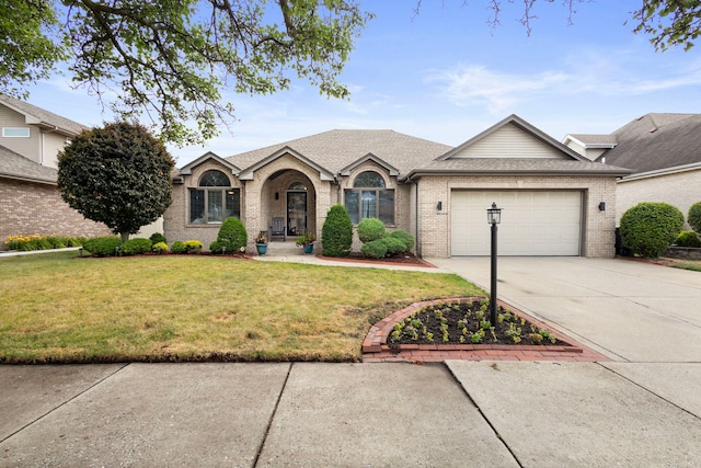 18049 Brittany Ln, Lansing, IL 60438 - view of front facade featuring concrete driveway, brick siding, an attached garage, a front lawn, and a shingled roof