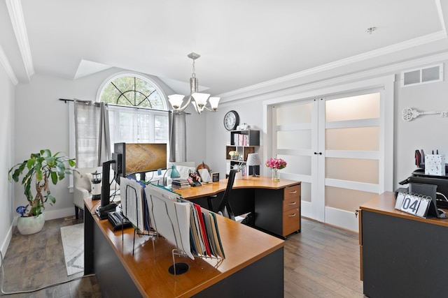 18049 Brittany Ln, Lansing, IL 60438 - home office with a chandelier, dark wood-type flooring, and ornamental molding