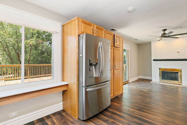 1479 Exeter Ct, Hoffman Estates, IL 60010 - kitchen with stainless steel refrigerator with ice dispenser, ceiling fan, healthy amount of natural light, and dark wood-type flooring