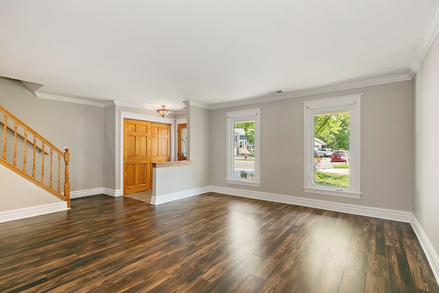 1479 Exeter Ct, Hoffman Estates, IL 60010 - unfurnished living room featuring dark wood-style floors, stairway, and ornamental molding