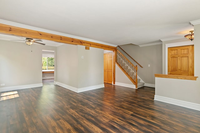 1479 Exeter Ct, Hoffman Estates, IL 60010 - unfurnished living room with stairs, dark wood-style floors, ceiling fan, and ornamental molding