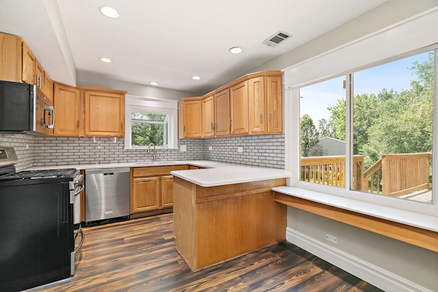 1479 Exeter Ct, Hoffman Estates, IL 60010 - kitchen featuring appliances with stainless steel finishes, a peninsula, tasteful backsplash, light countertops, and recessed lighting