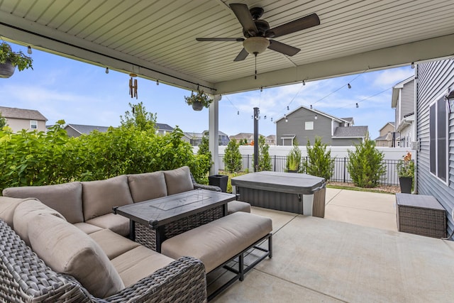 806 Cole Ln, Mahomet, IL 61853 - fenced backyard featuring a hot tub, an outdoor hangout area, a patio, a residential view, and a ceiling fan