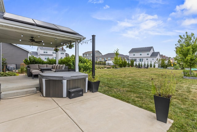 806 Cole Ln, Mahomet, IL 61853 - view of patio with an outdoor hangout area, a ceiling fan, a residential view, and a hot tub