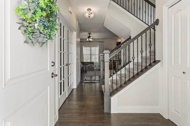 806 Cole Ln, Mahomet, IL 61853 - foyer entrance featuring wood finished floors, stairway, a ceiling fan, and french doors