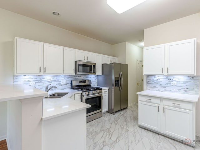 696 S Jade Ln, Round Lake, IL 60073 - kitchen with appliances with stainless steel finishes, a peninsula, backsplash, and light countertops