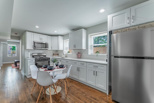 4438 S Knox Ave, Chicago, IL 60632 - kitchen featuring stainless steel appliances, dark wood-style flooring, tasteful backsplash, and recessed lighting