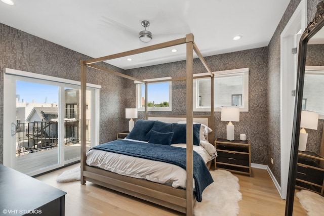 1547 N Wood St Unit 2, Chicago, IL 60622 - bedroom featuring light wood finished floors, wallpapered walls, access to outside, and recessed lighting