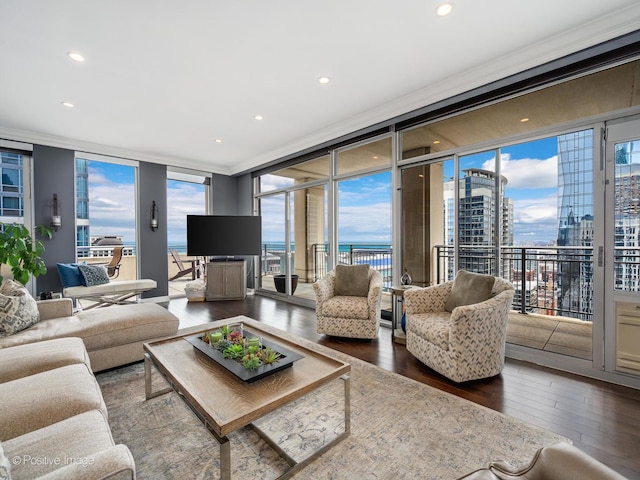 1250 S Michigan Ave Unit 2802, Chicago, IL 60605 - living room featuring hardwood / wood-style floors, floor to ceiling windows, ornamental molding, and recessed lighting
