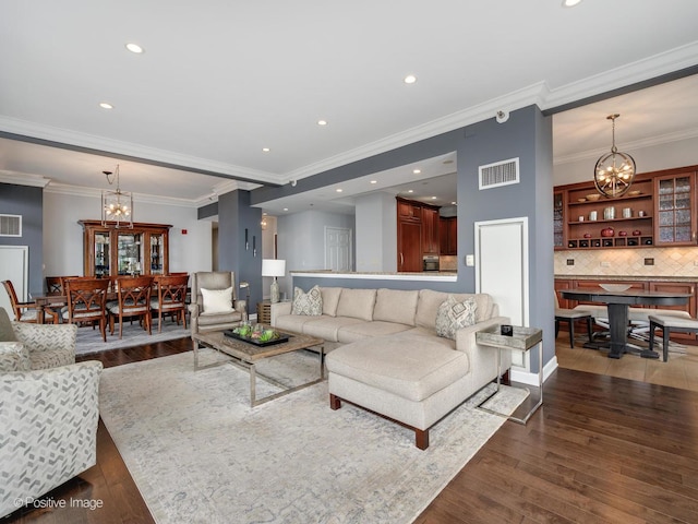 1250 S Michigan Ave Unit 2802, Chicago, IL 60605 - living area with a chandelier, dark wood-style flooring, crown molding, and recessed lighting