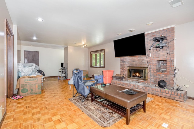 1717 Oak Lane Rd, Flossmoor, IL 60422 - living area featuring a brick fireplace and recessed lighting