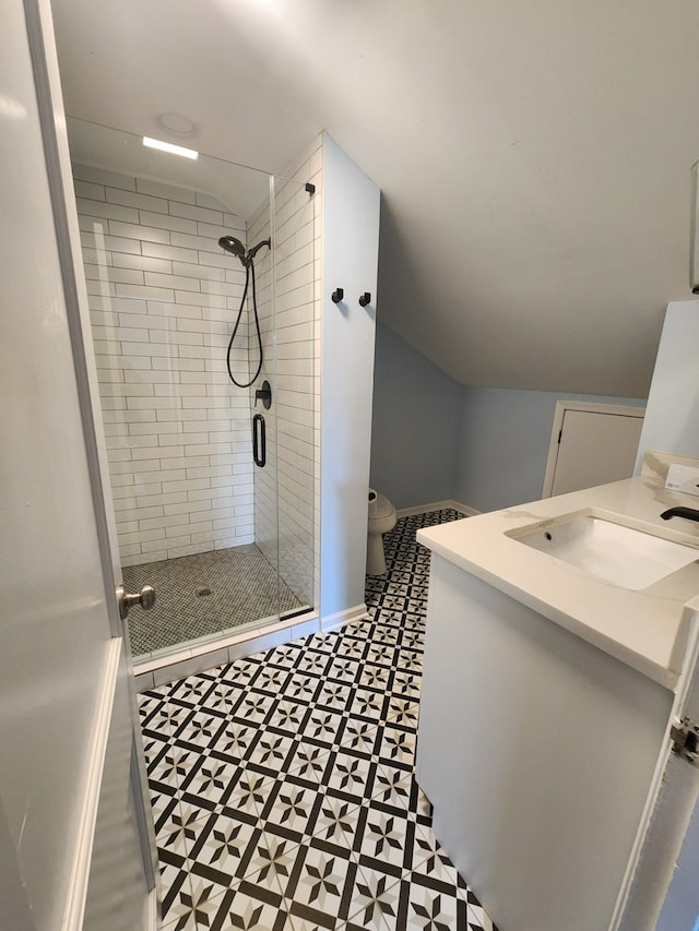 661 S Swain Ave, Elmhurst, IL 60126 - bathroom featuring lofted ceiling, a shower stall, and vanity