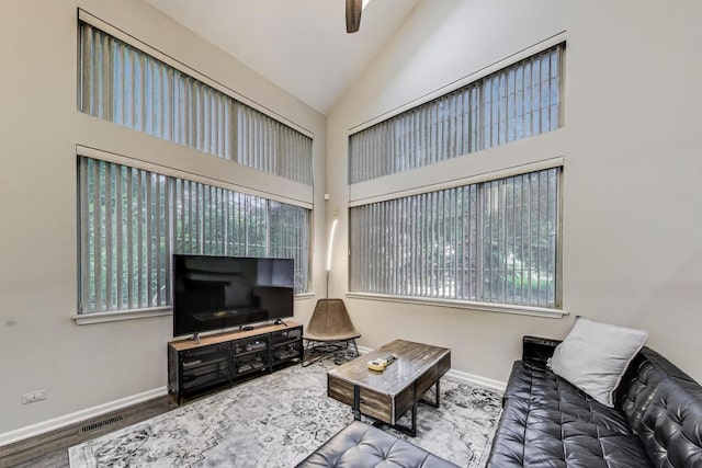 1996 Blackberry Ln, Hoffman Estates, IL 60169 - living room with wood finished floors, high vaulted ceiling, and a ceiling fan