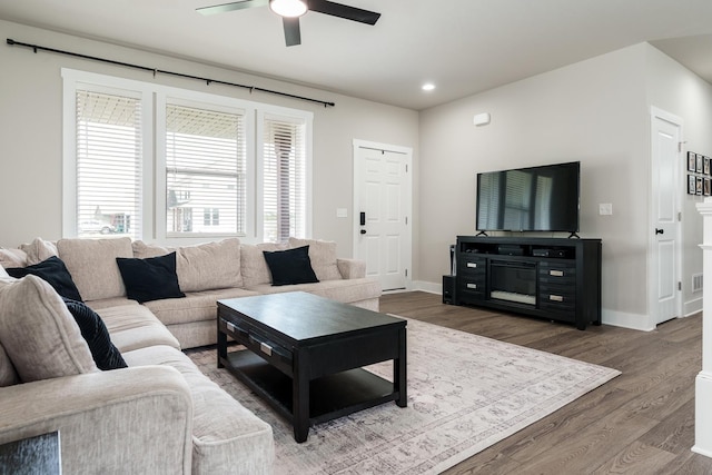 650 Anacostia Dr, Roscoe, IL 61073 - living area with ceiling fan, wood finished floors, and recessed lighting