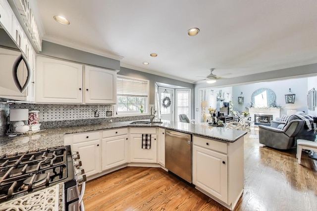 346 Colonial Cir, Geneva, IL 60134 - kitchen featuring appliances with stainless steel finishes, a ceiling fan, crown molding, a peninsula, and white cabinetry