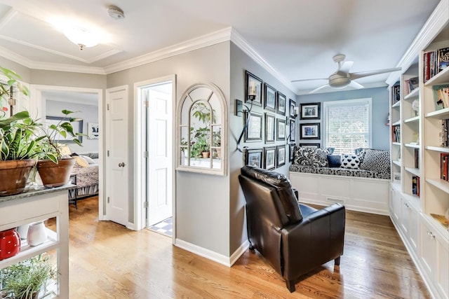 346 Colonial Cir, Geneva, IL 60134 - sitting room featuring light wood-type flooring, ceiling fan, and ornamental molding