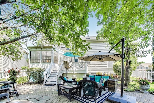 346 Colonial Cir, Geneva, IL 60134 - view of patio / terrace with an outdoor hangout area, stairs, and a sunroom
