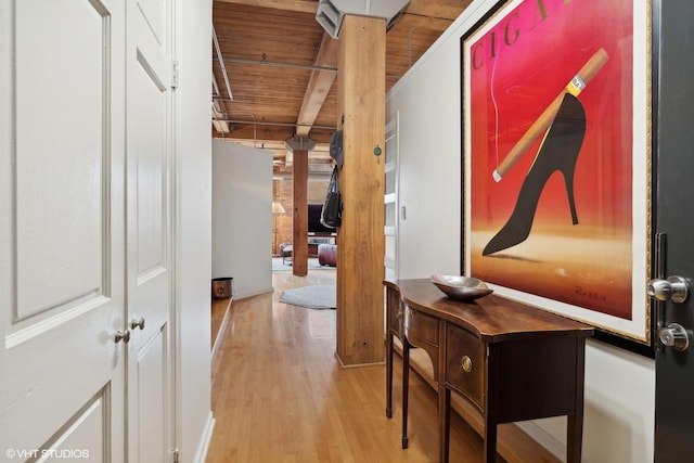 913 W Van Buren St Unit 4C, Chicago, IL 60607 - hallway featuring a wood ceiling with exposed beams and wood finished floors