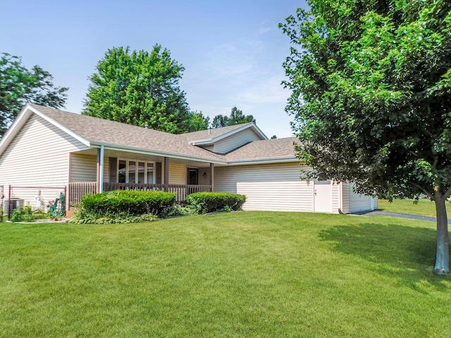 6059 Durrington Dr, Loves Park, IL 61111 - ranch-style house with a garage, a front lawn, roof with shingles, and a porch