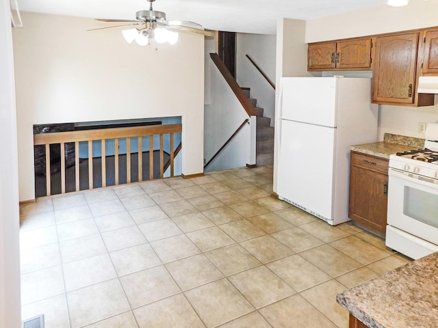 6059 Durrington Dr, Loves Park, IL 61111 - kitchen with white appliances, light countertops, a ceiling fan, and exhaust hood