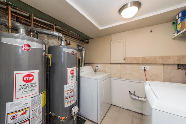 3029 N Haussen Ct, Chicago, IL 60618 - laundry area featuring water heater, light tile patterned floors, tile walls, and wainscoting